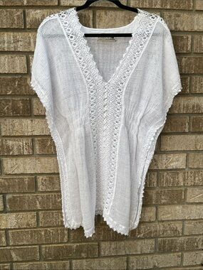 Seaspice Boho Crochet V-Neck White Coastal Resort Wear Tunic Top size M